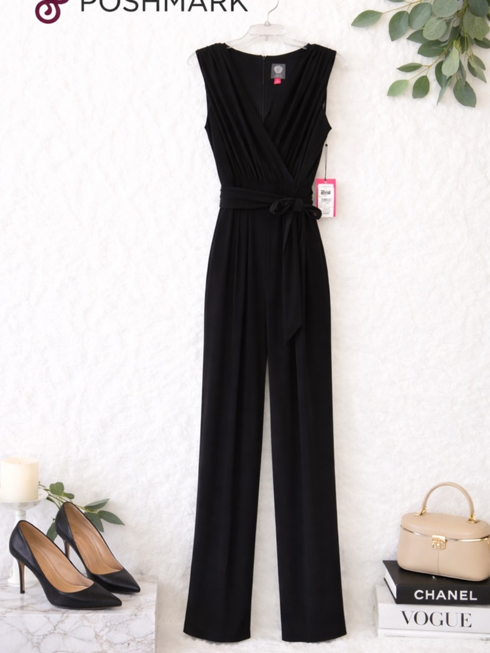 Vince Camuto Black Sleeveless Wrap-Front Jumpsuit with Tie Waist